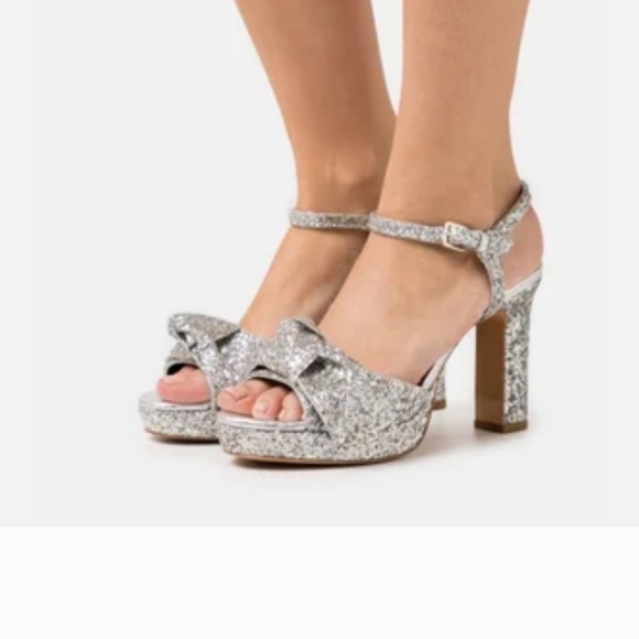 KATE Spade Glitter Miya Silver Cinderella 8 Sandals Heels Rhinestone Shoes NEW - Picture 2 of 13